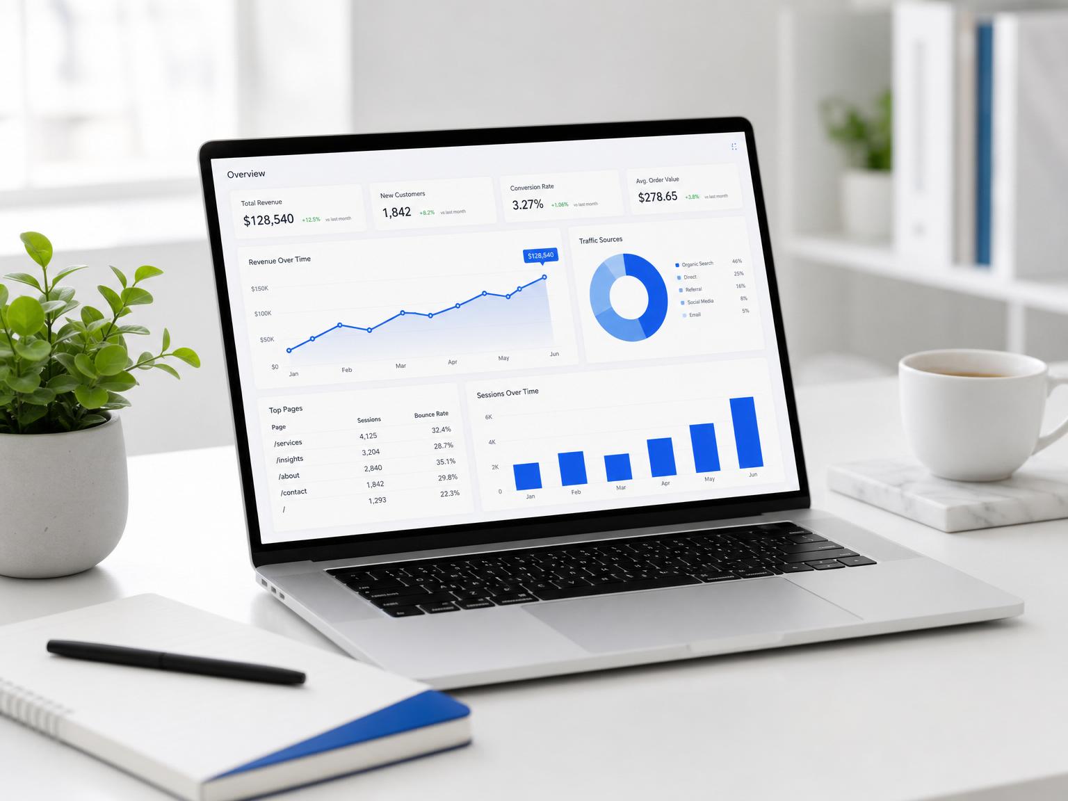 Workspace professionale con dashboard analytics di crescita marketing